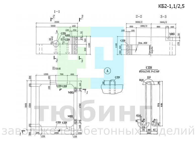 Короб железобетонный КБ2-1,1/2,5 по шифру 2208-К.2