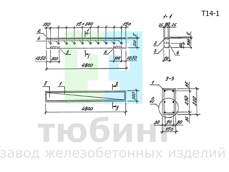 Траверса Т14-1 для отдельно стоящих опор под технологические трубопроводы по серии 3.015-1/92, вып. II-2