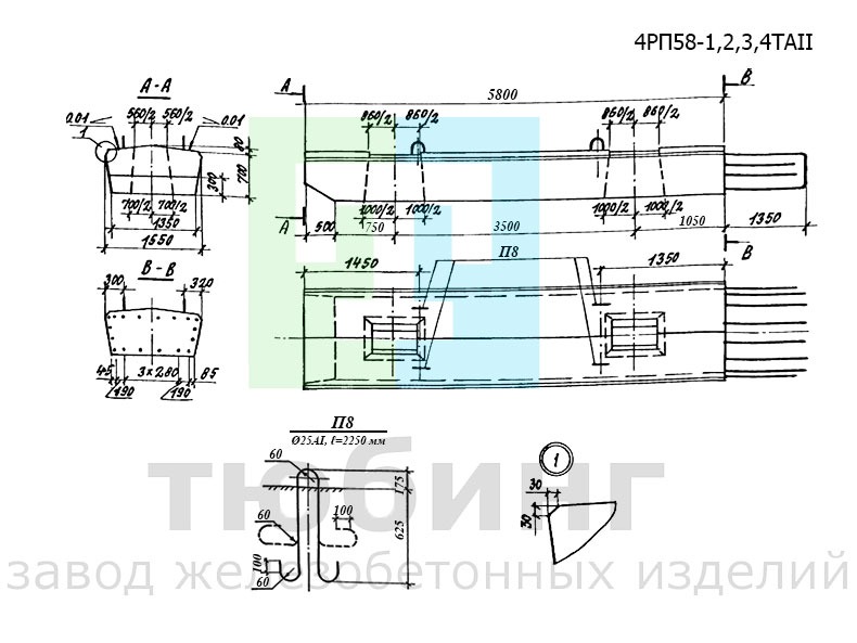 Блок ригеля 4РП58-1,2,3,4ТAII по серии 3.503.1-100, вып.3