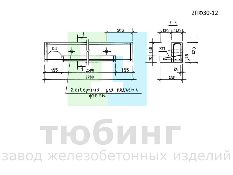 Фасадная железобетонная перемычка 2ПФ30-12 по серии 1.038.1-1 выпуск 6