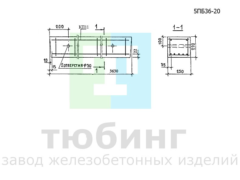 Перемычка брусковая 5ПБ36-20 по серии 1.038.1-1, вып.1