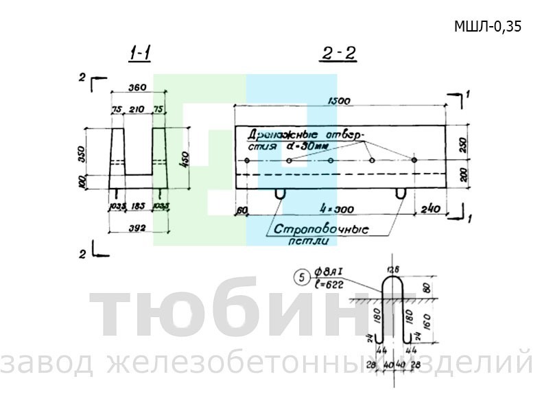 Блок междушпального лотка глубиной 0,35 м тип I (вариант) по инв. №984