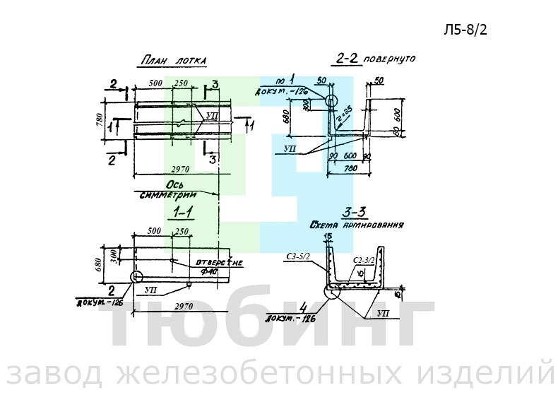 Лоток железобетонный Л5-8/2 по серии 3.006.1-2.87 вып.1