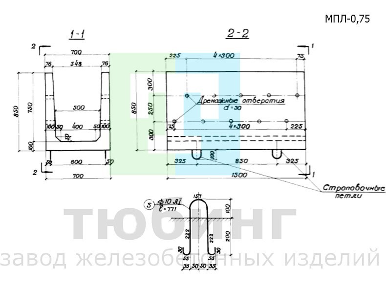 Блок междупутного лотка глубиной 0,75 м тип II (вариант) по инв. №984