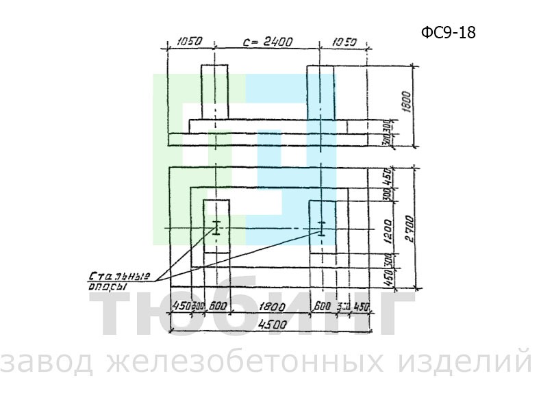 Фундамент ФС9-18 под конструкции эстакад и отдельно стоящих опор под технологические трубопроводы по серии 3.015.1-17.94, вып.1