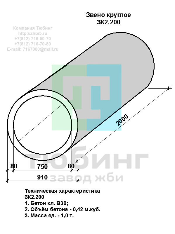 Компания Тюбинг выпускает сборные железобетонные круглые звенья ЗК2.200 по шифру 1484, предназначенные для применения под насыпями железных и автомобильных дорог в умеренных и суровых климатических условиях в районах с расчетной сейсмичностью до 9 баллов. Конструкция блоков одинаковая для труб под железную и автомобильную дороги. Материал блоков - конструкционный тяжелый бетон по ГОСТ26633-91 В20. Марка по водонепроницаемости не ниже W6, по морозостойкости не ниже F300. В качестве рабочей арматуры используется арматура периодического профиля из низколигированной стали класса А-III марка 25Г2С по ГОСТ5781-82. В качестве конструктивной используется арматура из углеродистой горячекатаной стали А-I марки Ст3сп по ГОСТ5781-82. Для монтажных петель используется арматурная сталь класса А-I марки Ст3сп по ГОСТ5781-82. Все блоки имеют марку. Марка блока состоит из одной или двух буквенно-цифровых групп, разделенных дефисом. Первая группа содержит наименование блок, его типоразмер и основную геометрическую характеристику в см; вторая группа обозначение применения: климатические условия - суровые (F), повышенная агрессивность среды (О). Минимальная прочность бетона блоков труб ко времени выдачи конструкций на склад не менее 70%. Отпускная прочность бетона - 100%. Цены на круглые звенья ЗК2.200 указаны с учетом НДС, без учета доставки. Стоимость круглых звеньев ЗК2.200 может меняться в зависимости от объема и общей ситуации на строительном рынке. Представленные на сайте цены на ЖБИ не являются публичной офертой.
