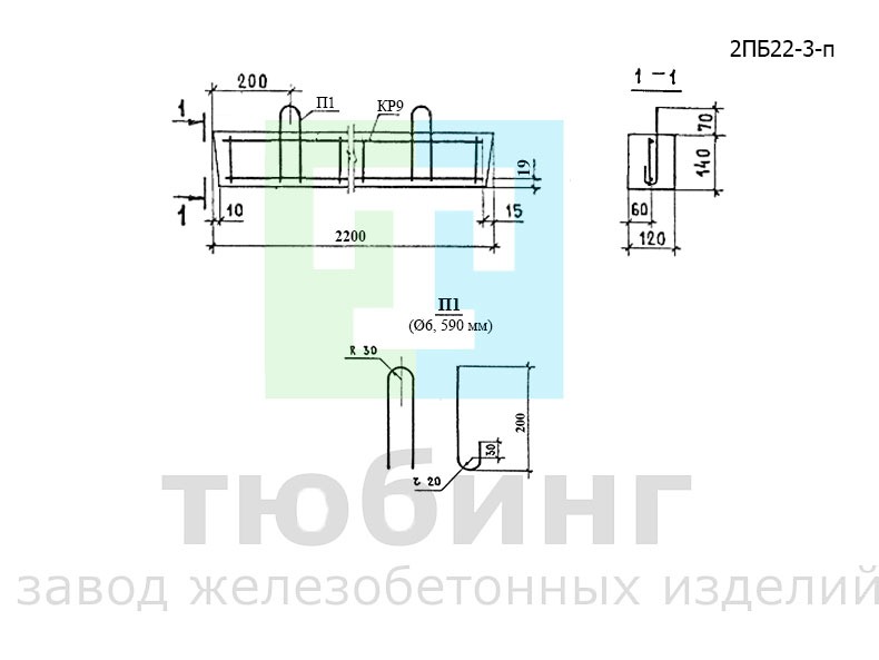 Перемычка брусковая 2ПБ22-3-п по серии 1.038.1-1, вып.1
