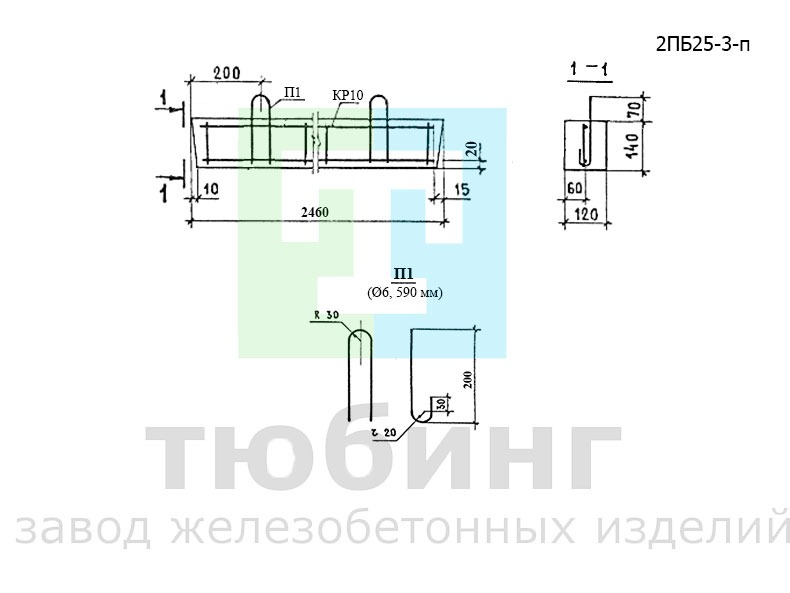 Перемычка брусковая 2ПБ25-3-п по серии 1.038.1-1, вып.1