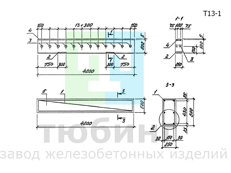 Траверса Т13-1 для отдельно стоящих опор под технологические трубопроводы по серии 3.015-1/92, вып. II-2
